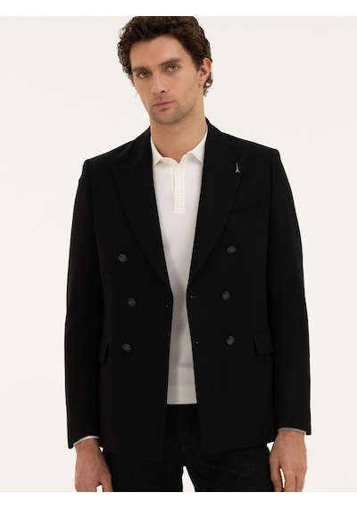 Cacharel Siyah Slim Fit Yün Karışımlı Kruvaze Ceket