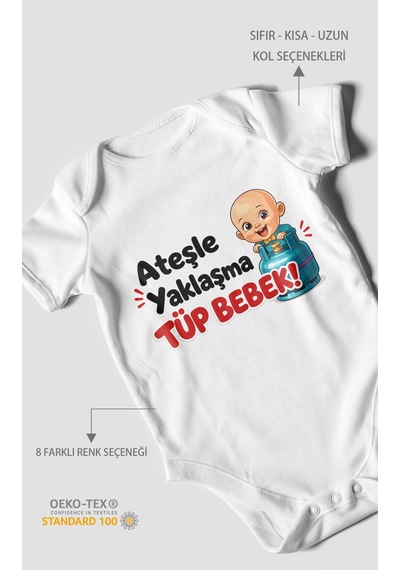 Morivokids Ateşle Yaklaşma Tüp Bebek Kısa Kollu Bebek Body %100 Pamuk Beyaz