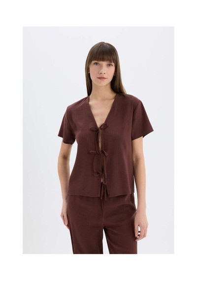 DeFacto Pijama Takımı Keten Kısa Kollu Üst Esnek Belli Alt-Fall in Love E3571AX25SPBN166
