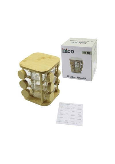 İbico İ22-129 Tuzluk Ve Baharatlık Seti Y: 21cm Bambu Stand 17x17cm 12 Adet Kare Bambu Kapak Cam Diğer