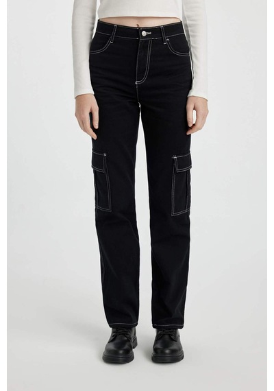 DeFacto Coool Straight Fit Gabardin Pantolon Kargo Cepli Yüksek Bel B0458AX23AUBK27 Siyah