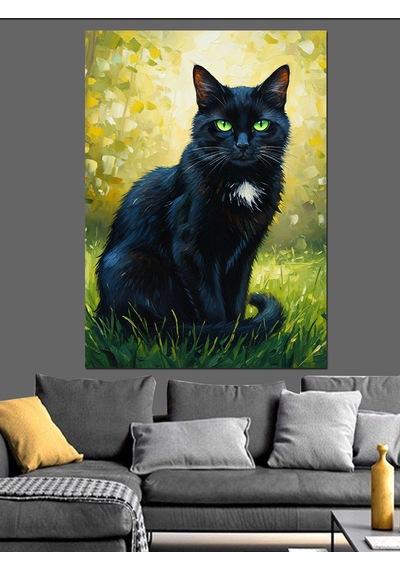 Karizma Tablo Siyah Kedi Yeşil Göz Dekoratif Kanvas - Mdf Ahşap Tablo