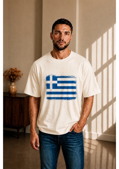 Sngl Tekstil Erkek Oversize Yunanistan Bayrak Baskılı Kısa Kollu Tişört S M L Xl 2xl Ekru
