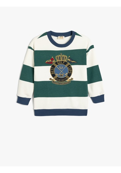 Koton Oversize Sweatshirt Uzun Kollu Bisiklet Yaka Aplike Detaylı Yeşil Çizgili 5wkb10381tk Yeşil
