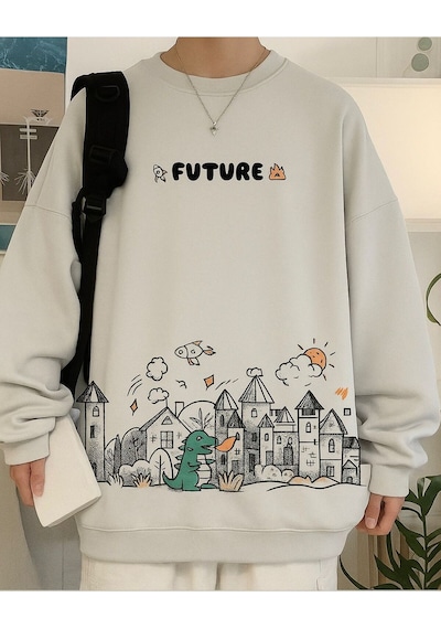 Benroma 3 İplik Penye Future Baskılı Unisex Sweatshırt Gri