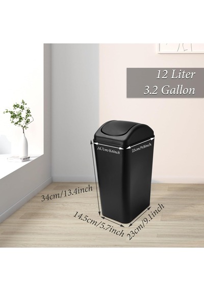 Tr Küçük Kapaklı Çöp Kovası, 12 Litre/3 Galon Küçük Siyah Plastik Çöp Kovası, Ofis, Yatak Odası, Banyo İç Genel