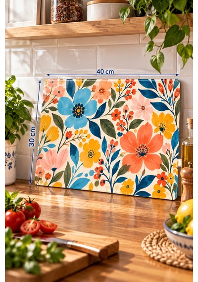 Gökçeoğlu Cam Kesme Tahtası Boho Çiçek Temalı - Cam Kesme Tablası 30cm X 40cm Çok Renkli