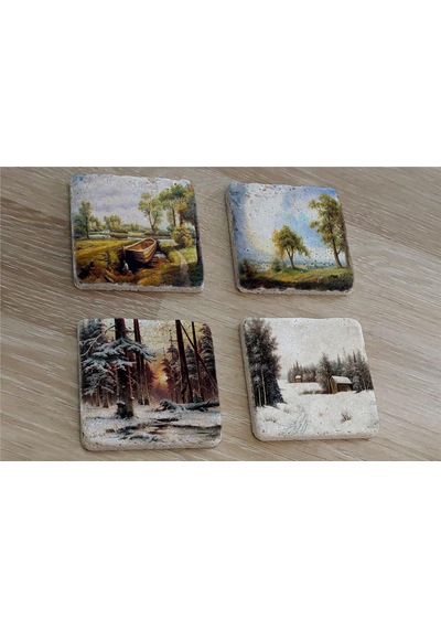 Doğa Ve Orman Manzarası Doğal Taş Bardak Altlığı 4'lü Set - Natural Stone Coasters - Taş Çok Renkli