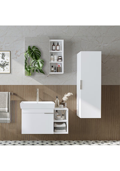 Likya Kapaklı Açık Raflı Mdflam Lavabolu 82 Cm Banyo Dolabı Beyaz