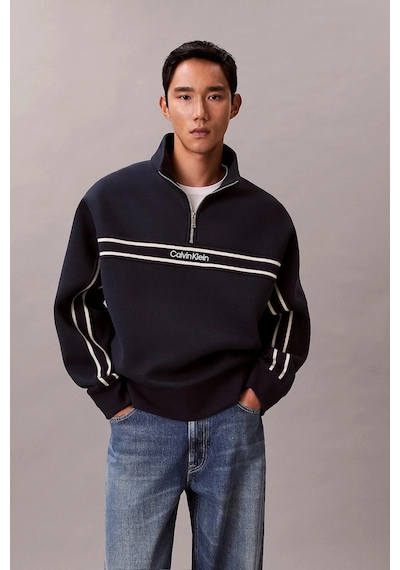 Calvin Klein Ls Cotton Spacer Strıpe Rıb Qtr Erkek Siyah Sweatshirt-12781 Siyah