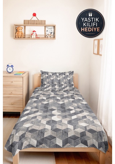 Gri Geometrik Modern Genç Odası Tek Kişilik Pike Takımı - Beyaz Küp 160x220 Cm Kapitone Yatak Örtüsü Altın