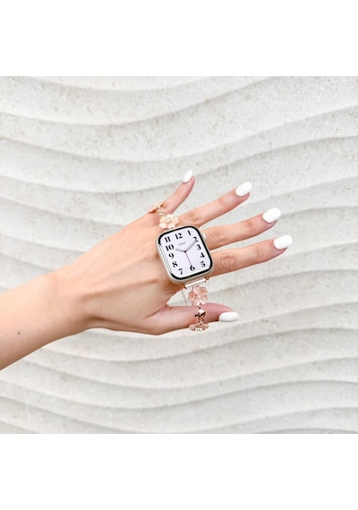 Apple Uyumlu  Watch 10 Serisi 42mm - 38/40/41mm Kordon Taşlı Parlak İnce Flower Metal Bayanlar İçin Band