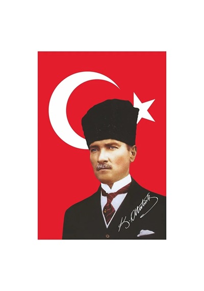 50x75 Cm Kalpaklı Atatürk Raşel Kumaş Sopalı Türk Bayrağı 5 Adet 50 x 75 CM