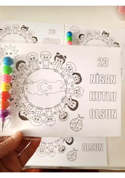 23 Nisan Çocuklar Boyama Kartı Ve Kurşun Kalem 30 Adet Çok Renkli