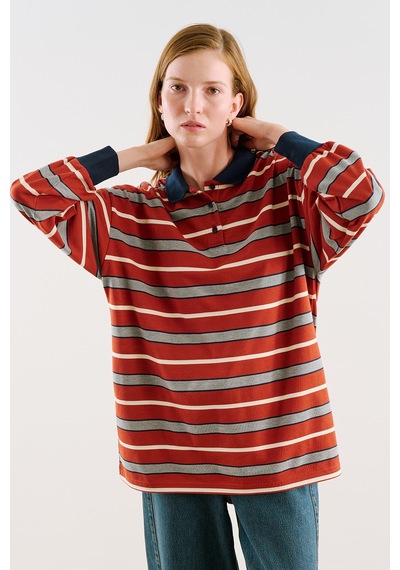 Manuka Polo Yaka Çizgili Sweatshırt Kiremit Aw26tsh00004-0139
