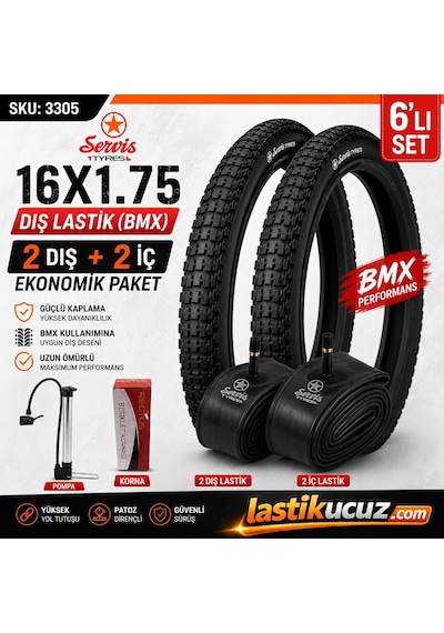 Servis 16x1.75 Dış Lastik Bmx Bisiklet Lastiği + İç Lastik 2 Şer Adet Takım + 1 Adet Bisiklet Pompası +1 Adet 8 Sesli Bisiklet Kornası