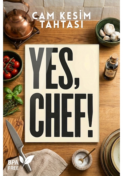 Yes, Chef Desenli Cam Kesim Tahtası - 25x35cm -dayanıklı Ve Pratik Kesim Matı Krem