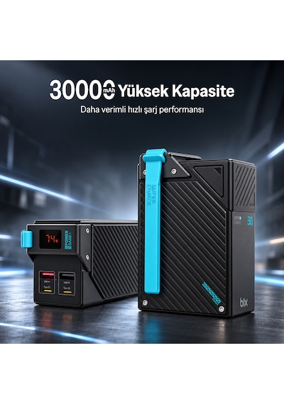 Bix Pb3010w 30000mah 65w Süper Hızlı Şarj Askı Tasarımlı Powerbank 4 Portlu Dijital Göstergeli Type-c Pd Taşınabilir Şarj Cihazı Siyah