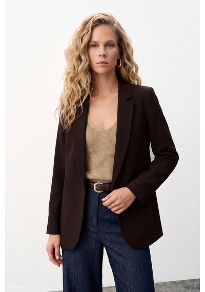 Sateen Klasik Yaka Uzun Ceket - Kahve-137477 Kahverengi