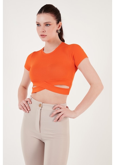 Lela Fitilli Bel Detaylı Kısa Kollu Dar Kesim Crop Bayan Bluz 5864211 Oranj