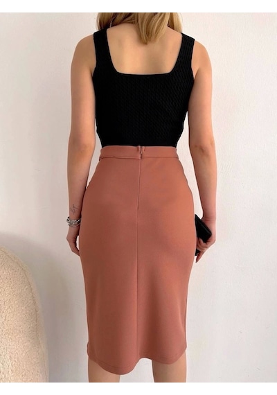 Byb Moda Tasarım Uzun Midi Boy Yırtmaçlı Etek Somon S24907 Somon