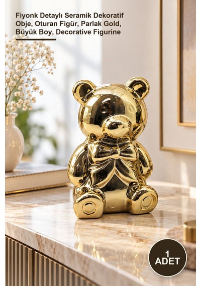 1 Adet Ayı Biblo Fiyonk Detaylı Seramik Dekoratif Obje, Oturan Figür, Parlak Gold, Büyük Boy, Decorative Figurine