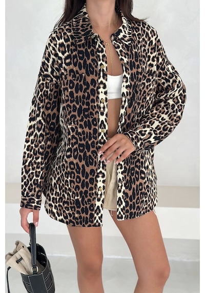 Asprin Fashion Leopar Desen Gabardin Gömlek Leopar