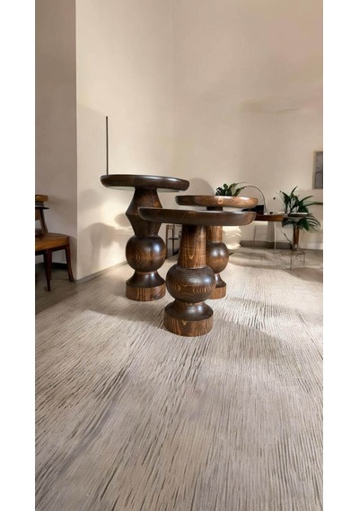 Wood Wooden Ahşap 3 Lü Set Fitilli Mantar Yan Sehpa / Ceviz Renk / Zigon Sehpa Vernikli Kahverengi