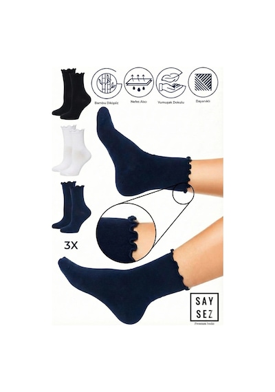 Saysez Bambu Kadın Lastiksiz Lacivert-siyah-beyaz Fırfırlı Soket Dikişsiz Çorap 3'lü Paket / Iz Bırakmaz Çok Renkli