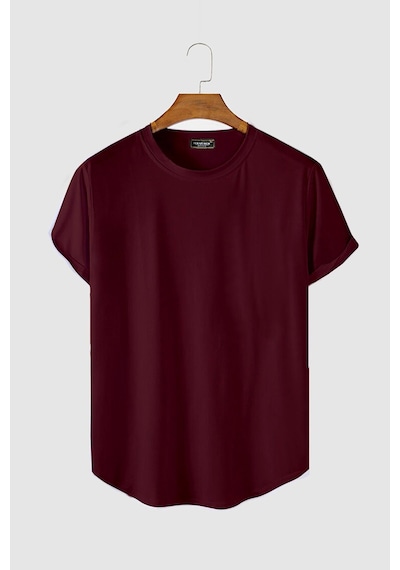 Erkek Kırmızı Kolları Katlı Oval Kesim Cepsiz Bisiklet Yaka T-shirt Kirmizi