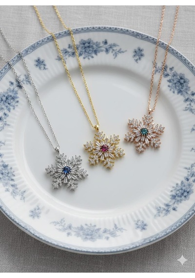 925 Ayar Papatya Silver Doğum Taşlı Baget Kar Tanesi Kolye.rose.gold.rodaj Gümüş