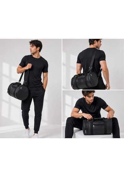 Silindir Spor Ve Seyahat Çantası Omuz Askılı Çok Bölmeli Unisex Fitness El Bagajı Bnt227 Siyah
