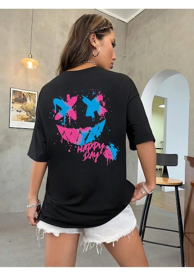 Startmore Coolane Yuvarlak Yaka Oversize Eğlenceli İfade Desenli Tişört Siyah