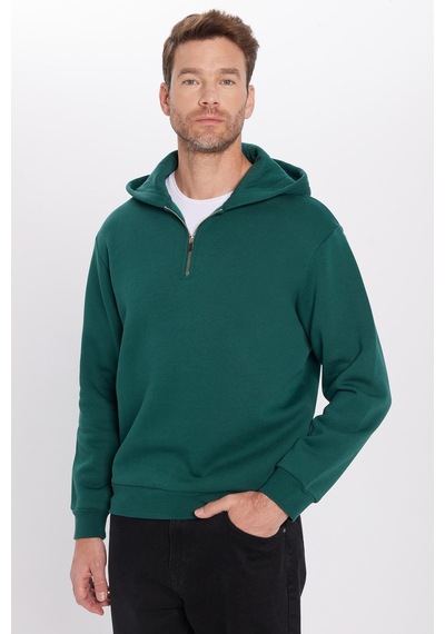 Tudors Unisex Relax Fit Rahat Kesim Pamuklu İçi Polarlı Yarım Fermuarlı Haki Kapüşonlu Sweatshirt-32460 Haki
