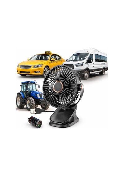 Mandallı Araç İçi Vantilatör 6 İnç 360 Dönebilen Usb Ve Çakmaklık Uyumlu Sessiz Fan