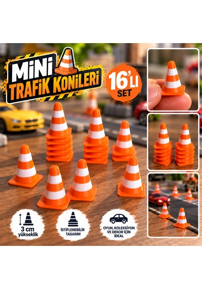 Mini Trafik Konisi 16'lı Set 3 Cm İstiflenebilir Maket Ve Oyuncak Araba Aksesuarı