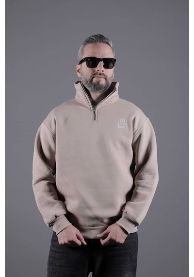 Dik Yakalı Parçalı Erkek Sweatshirt Krem