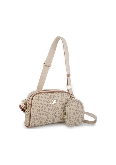 Nas Bag Kadın Mini Çapraz Çantası Vizon Taba Yazılı Taba