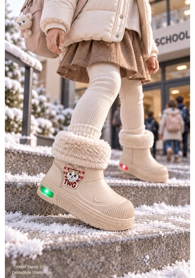 Muggo Muppy Işıklı Kürk Detaylı Unisex Çocuk Günlük Yağmur Ve Kar Botu Bej