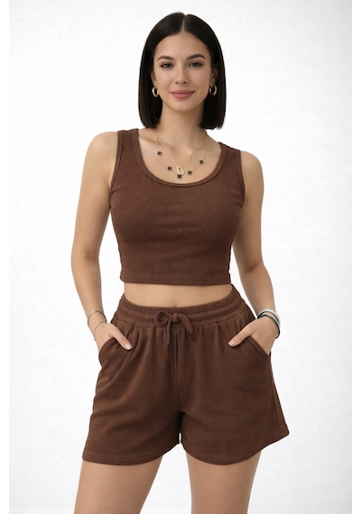 Trend Alisse Kadın Beli Lastikli Şort Crop Alt Üst İkili Takım Kahverengi