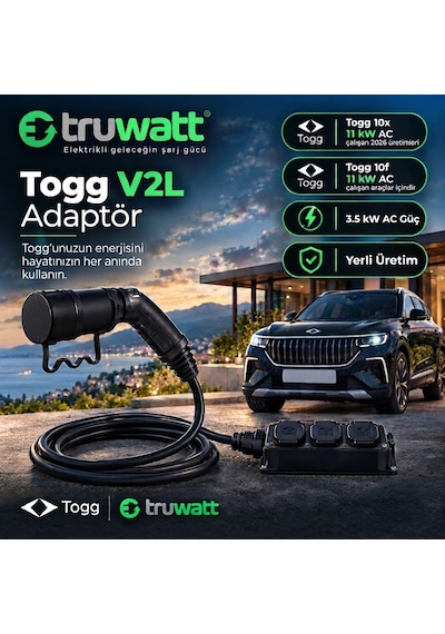 Truwatt V2l TOGG T10x Uyumlu 3 Çıkışlı Elektrikli Araç Adaptörü 220v 3 Metre