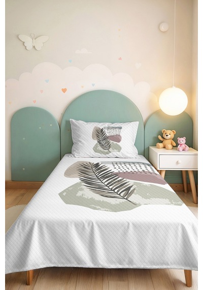 Botanik Yeşil Minimal Tek Kişilik Pike Takımı - Geometrik Antrasit Bej 160x220 Cm Yatak Örtüsü Esintili Kabuğu Demi