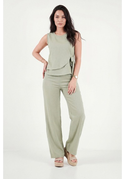 Lela Regular Fit Bağlama Detaylı Bisiklet Yaka Takım Bayan Takım 5866466 Olive Yeşil