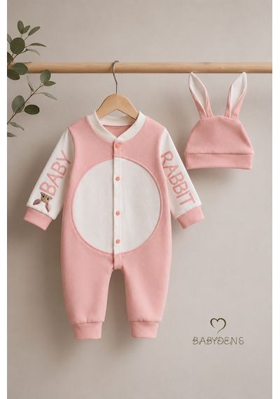 Babyden's Tavşan Kulaklı Yenidoğan Tulum Seti %100 Pamuklu Ayarlanır Ponponlu Unisex Bebek Tulum Şapka Set Pudra Pembe