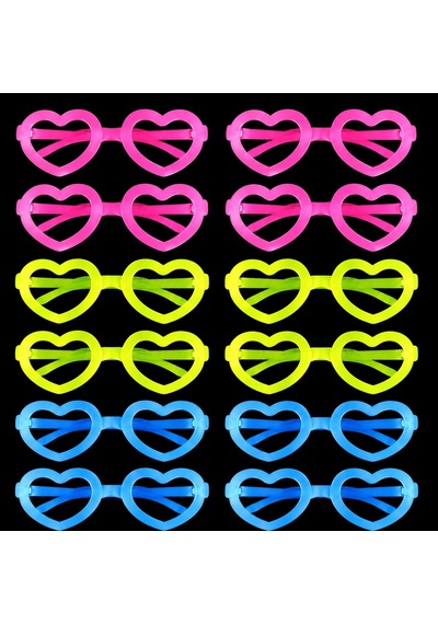 Retro Neon Fosforlu Kalp Gözlük 12 Adet 80 Ler 90 Lar Parti Stili