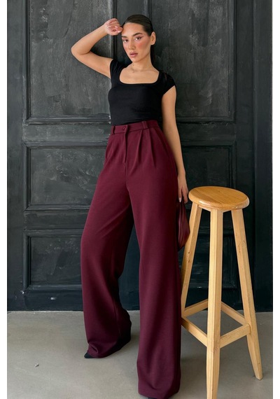 Madmext Bordo Çift Pileli Kemerli Pantolon Mg2330 Bordo