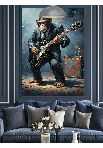 Elektrogitar Çalan Maymun Figürü Dekoratif Kanvas - Mdf Ahşap Tablo
