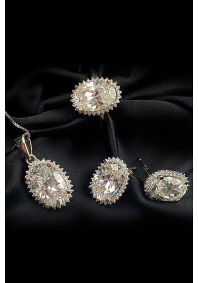Sky Diamond Taşlı Oval Kesim Gümüş Lüks Set Takım-16