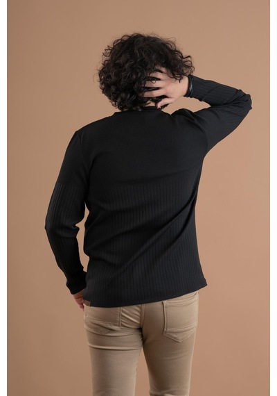 Bisiklet Yaka Likralı Microfilament Kumaş Slimfit Erkek Sweatshirt Siyah