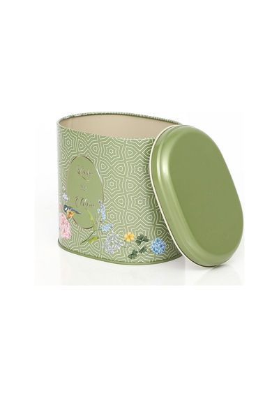 Blooming Green Desenli Oval Metal Saklama Kabı 14 x 12 x 13 CM 1.4 L Çok Renkli